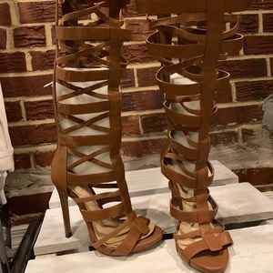 Below the knee strappy zipper heels